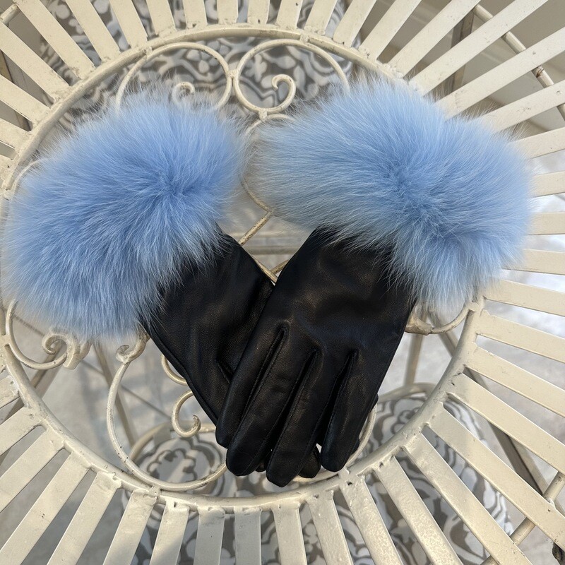 Leather &amp; Fox Fur Gloves (black/baby blue)