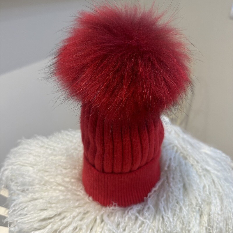 Extra Large Fur Pom Pom Hat (red)