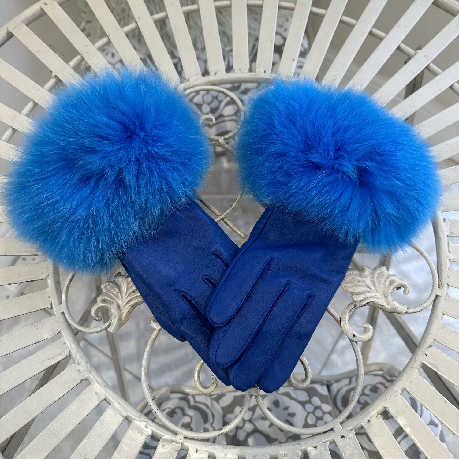 Leather &amp; Fox Fur Gloves (blue)