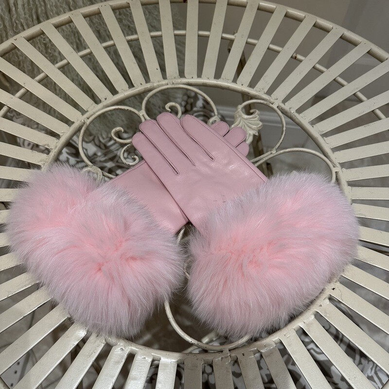 Leather &amp; Fox Fur Gloves (baby pink)