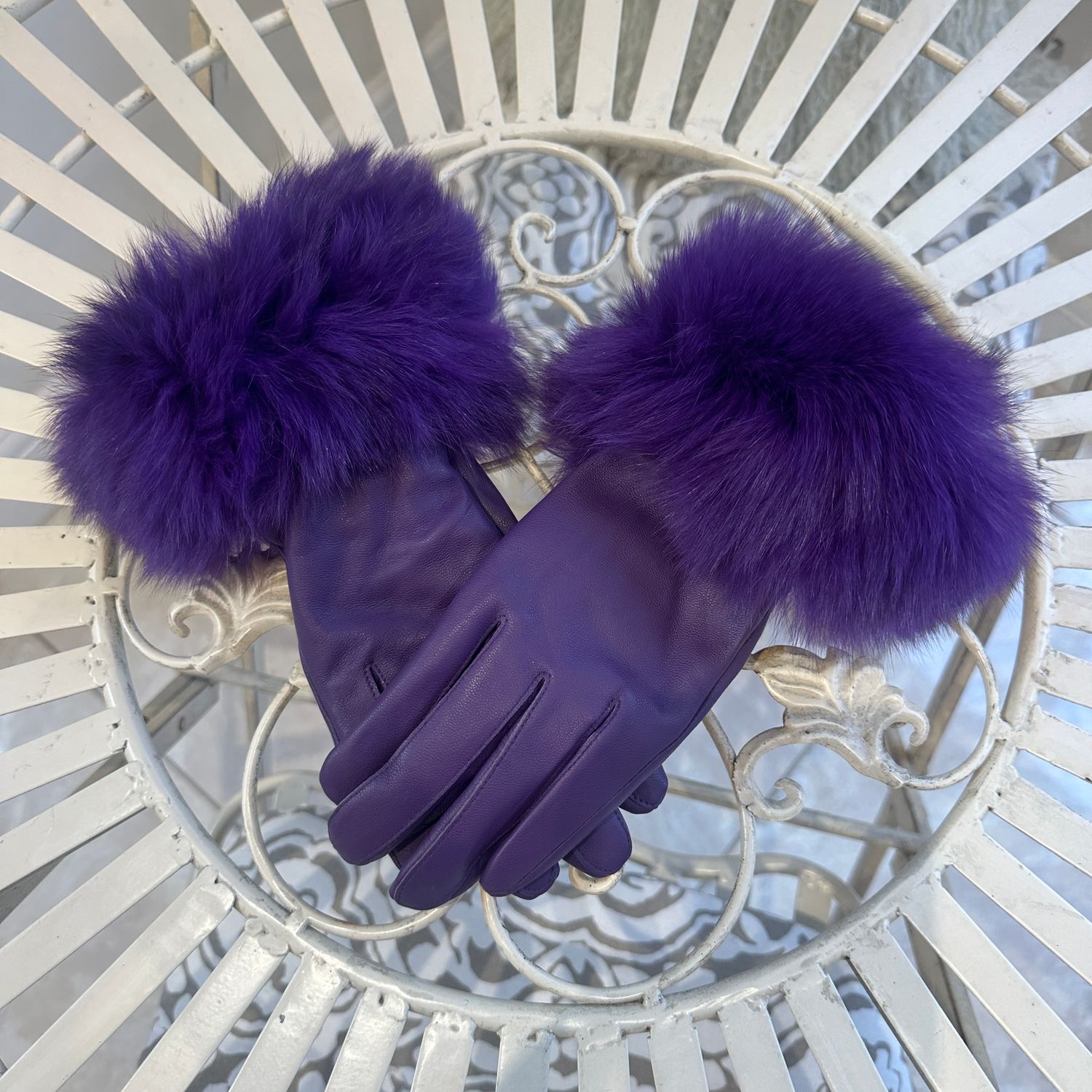 Leather &amp; Fox Fur Gloves (bright purple)