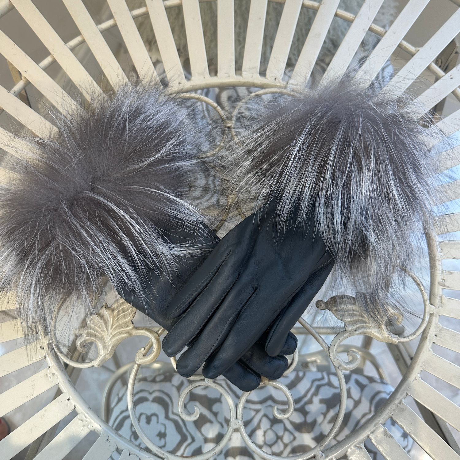 Leather &amp; Fox Fur Gloves ( grey / silver fox)