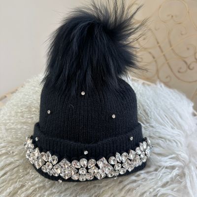 Embellished Crystal Extra Large Pom Pom Hat (black) J2005