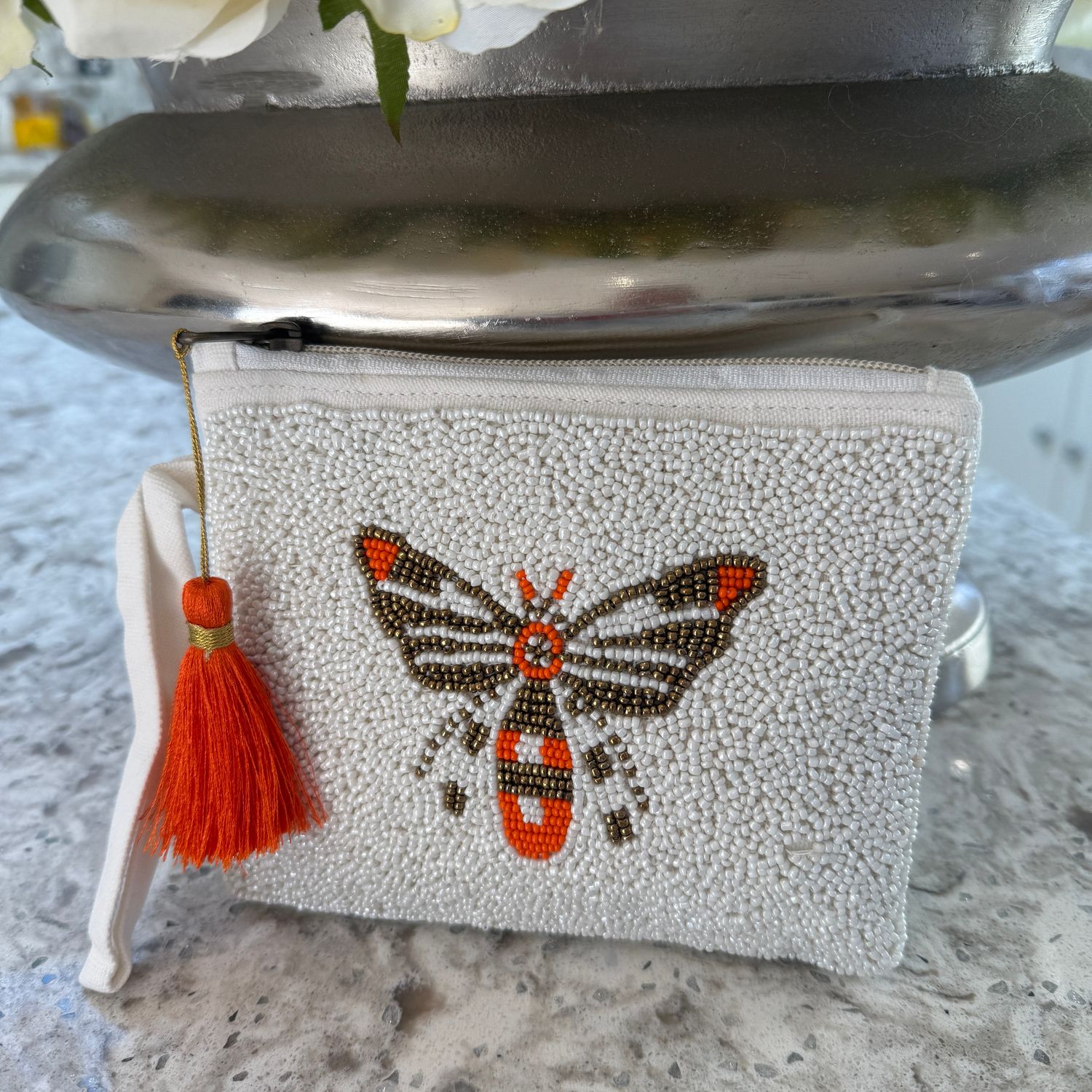 Beaded Purse (white &amp; orange)