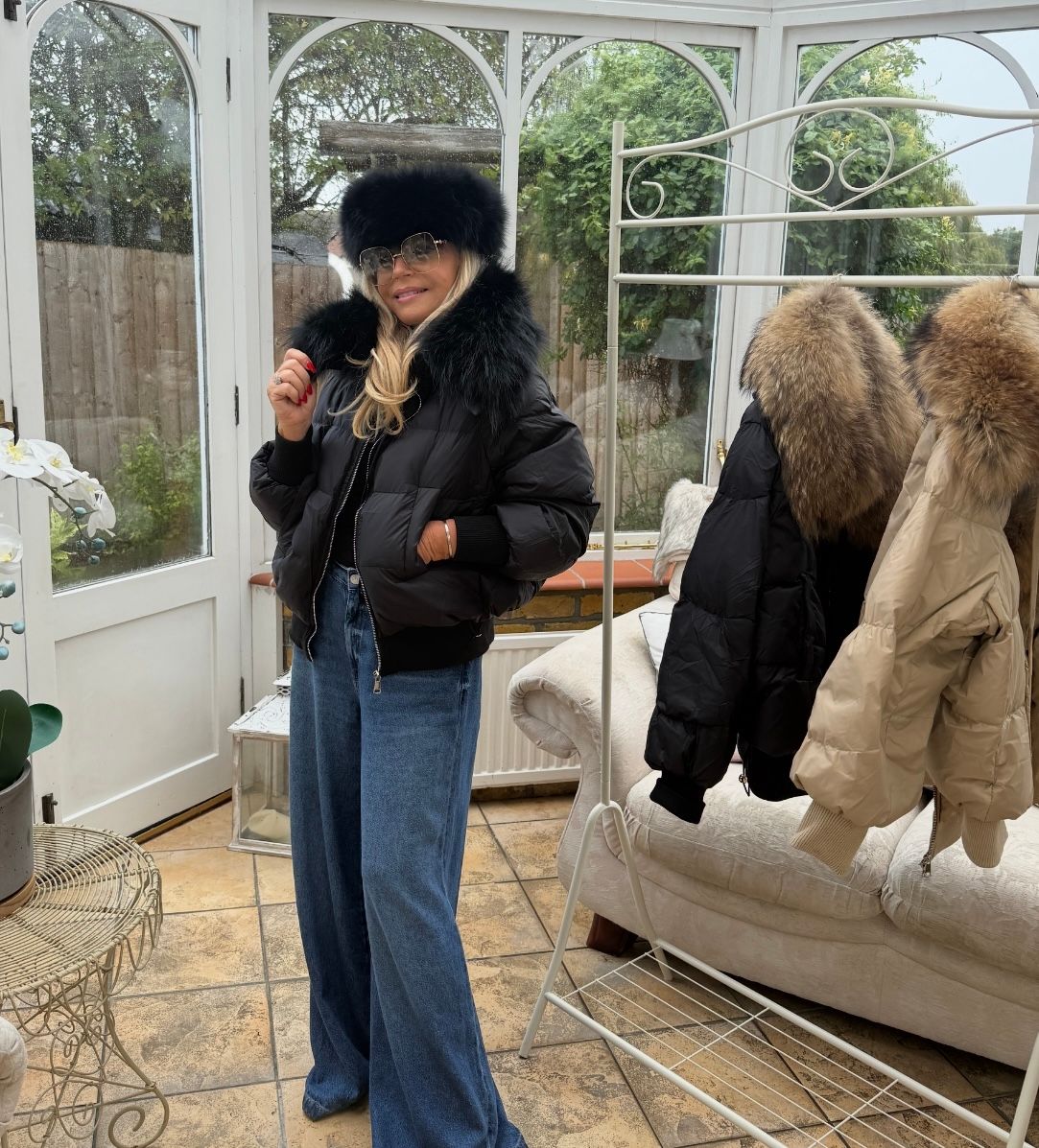 Duck Down &amp; Fox Fur Puffer Jacket ( black)