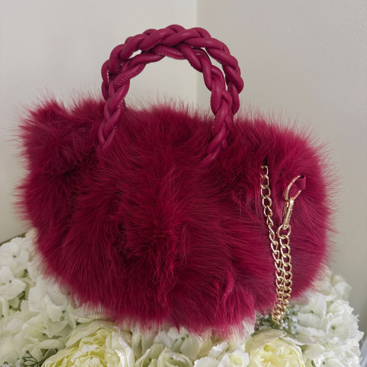 Faux Fur Bag (burgundy )