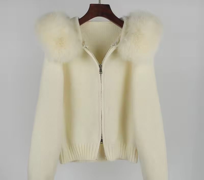 Fox Fur Hooded Cardigan ( winter white )