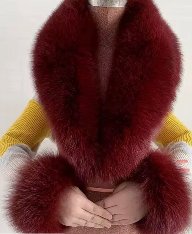 Long Fox Fur Collar &amp; Cuff Set (burgundy)