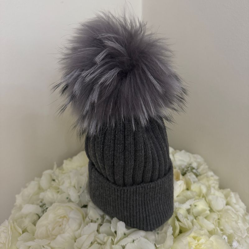 Extra Large Angora Pom Pom Hat (dark grey)