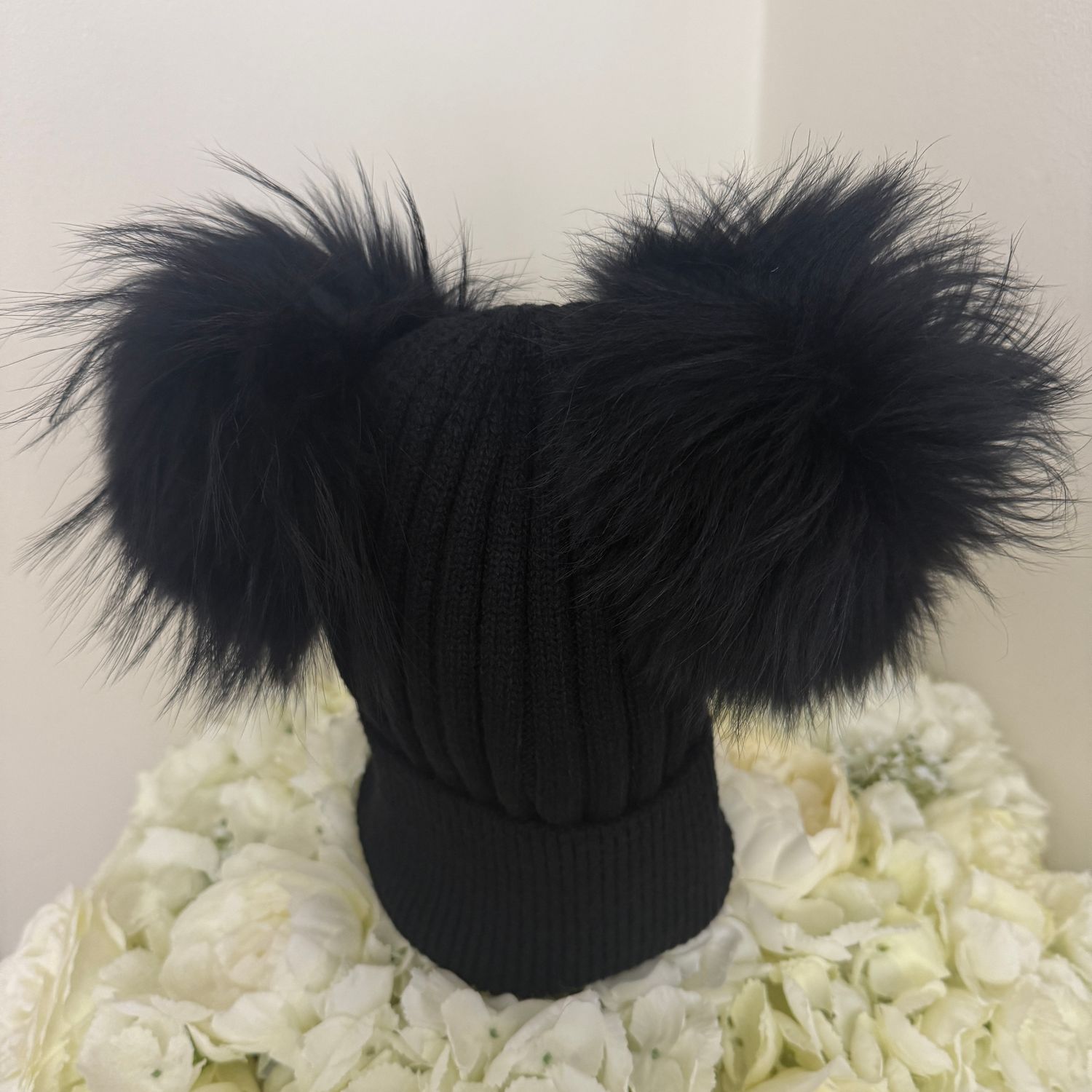 Extra Large Angora Double Pom Pom Hat ( black)
