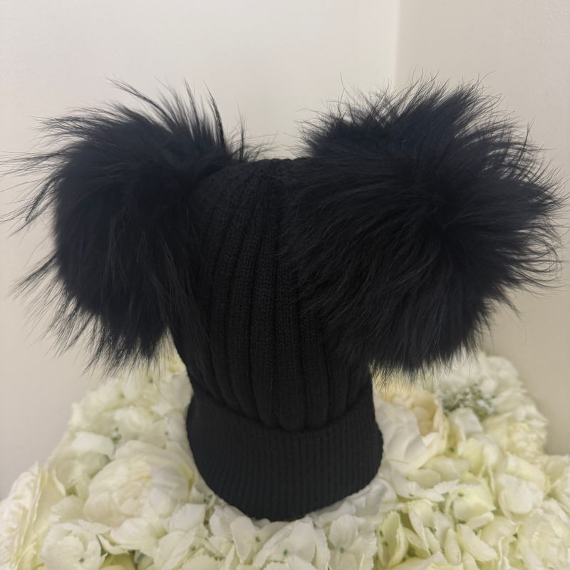 Extra Large Angora Double Pom Pom Hat ( black)