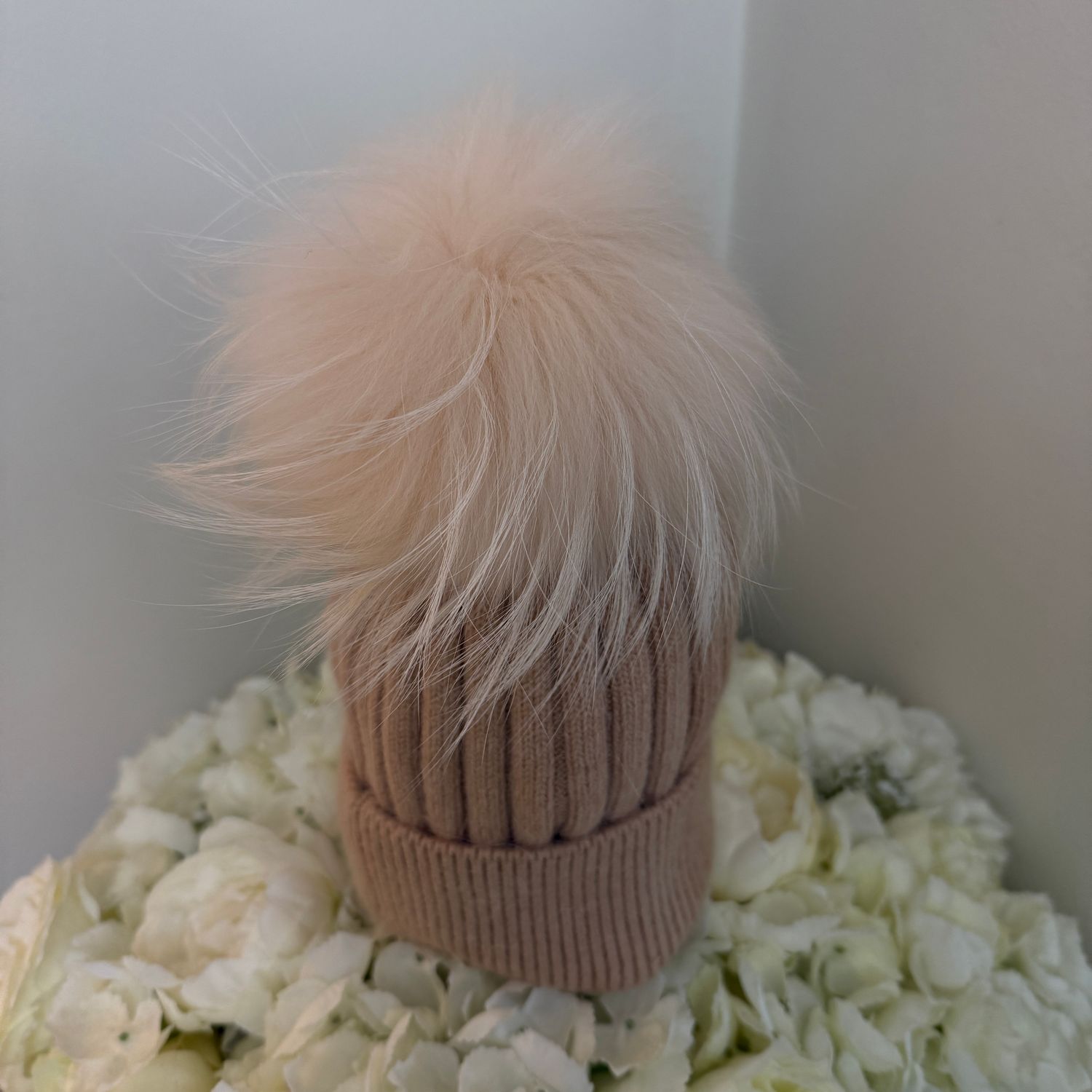Angora Extra Large Pom Pom Hat ( camel &amp; beige)