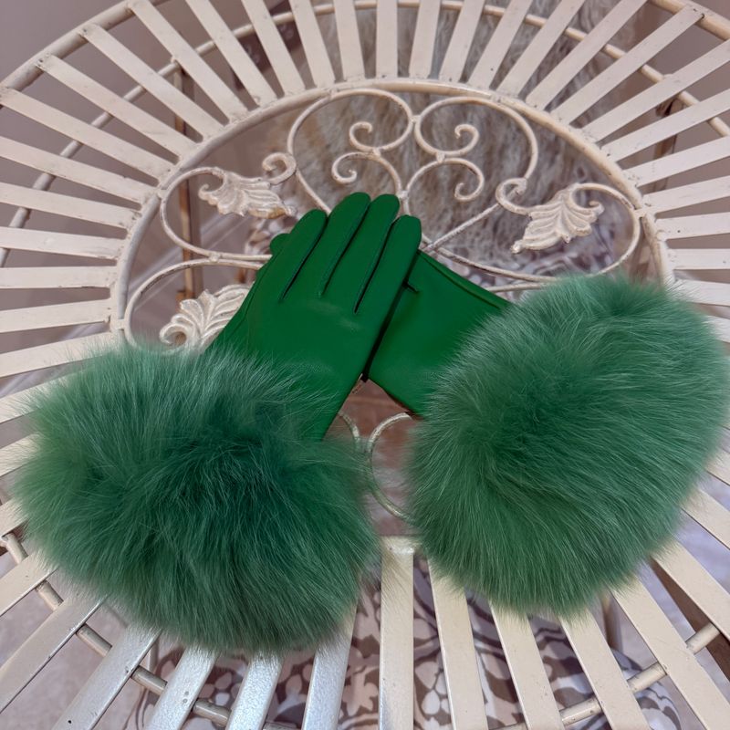 Leather &amp; Fox Fur Gloves ( green)