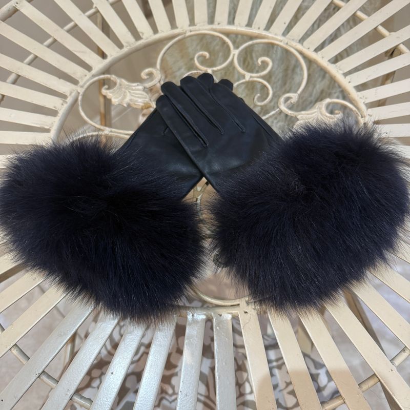 Leather &amp; Fox Fur Glove ( navy blue )