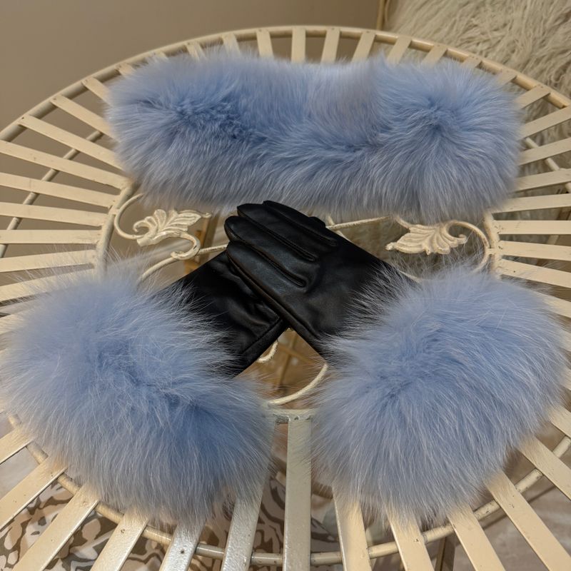Fox Fur Headband &amp; Leather Glove Set ( baby blue )