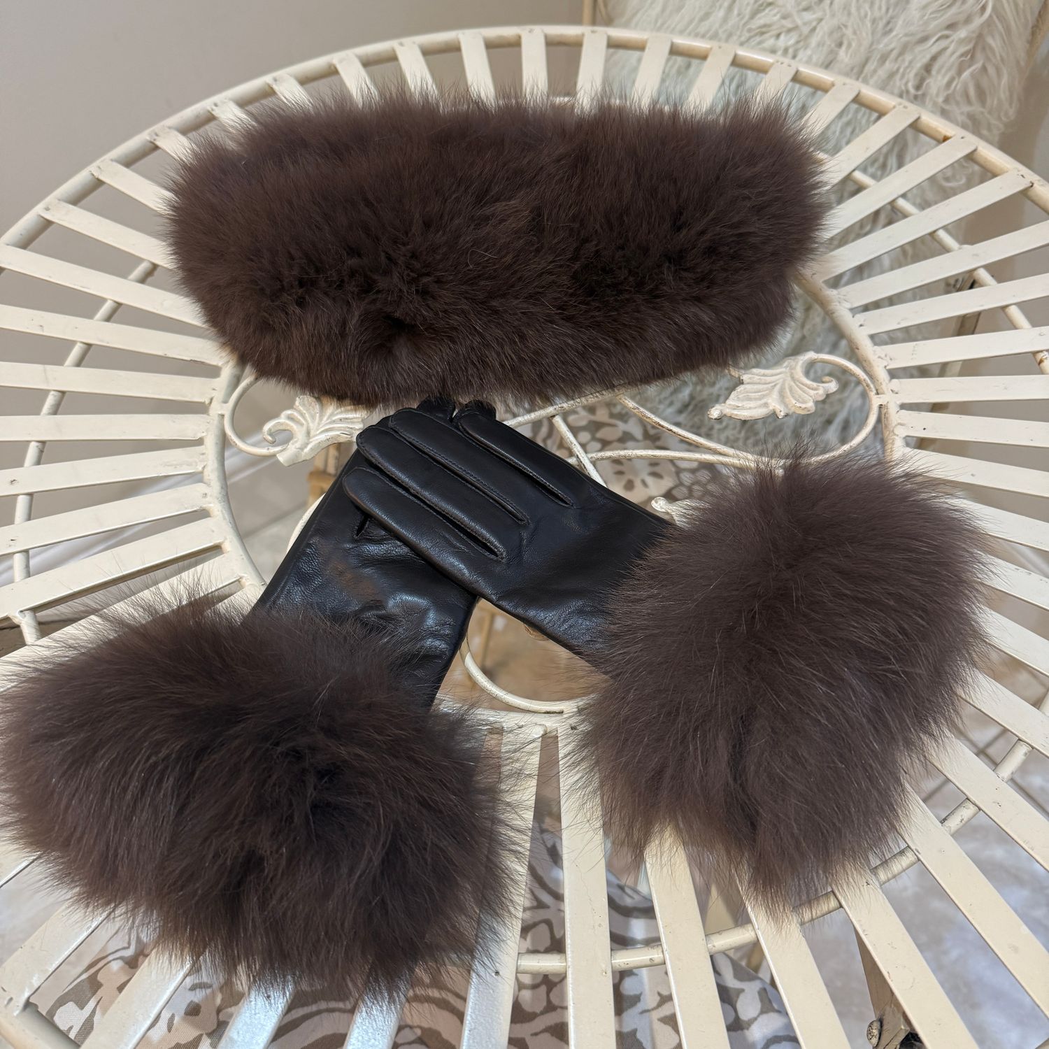 Fox Fur Headband &amp; Glove Set ( brown)