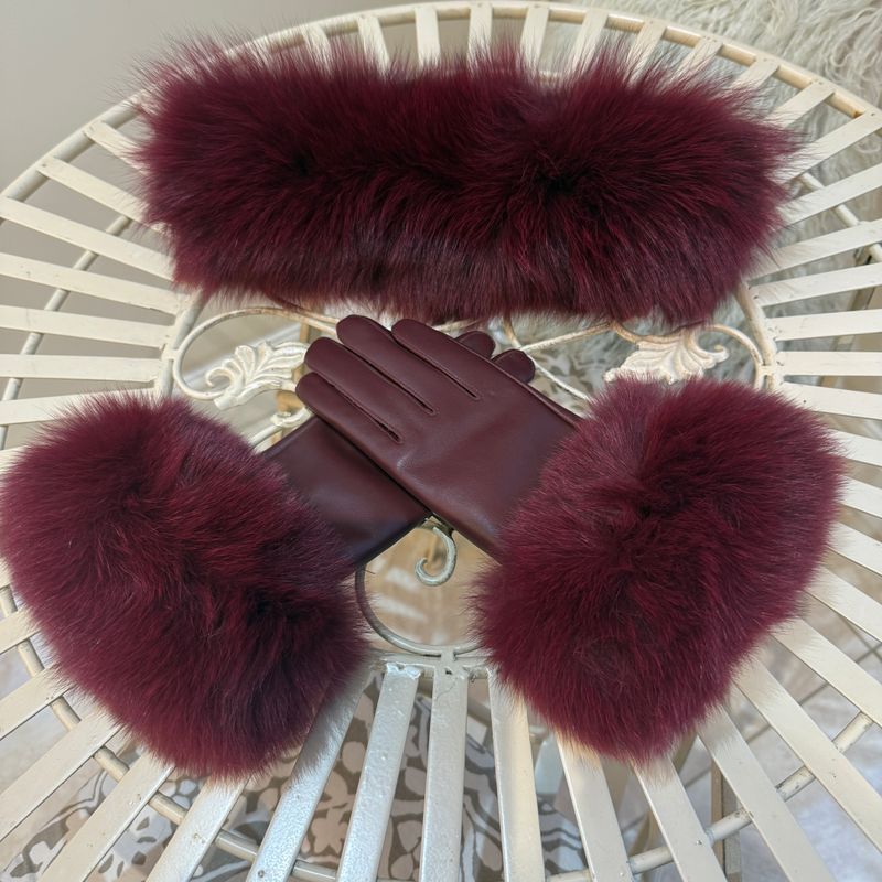 Fox Fur Headband &amp; Leather Glove Set (burgundy)