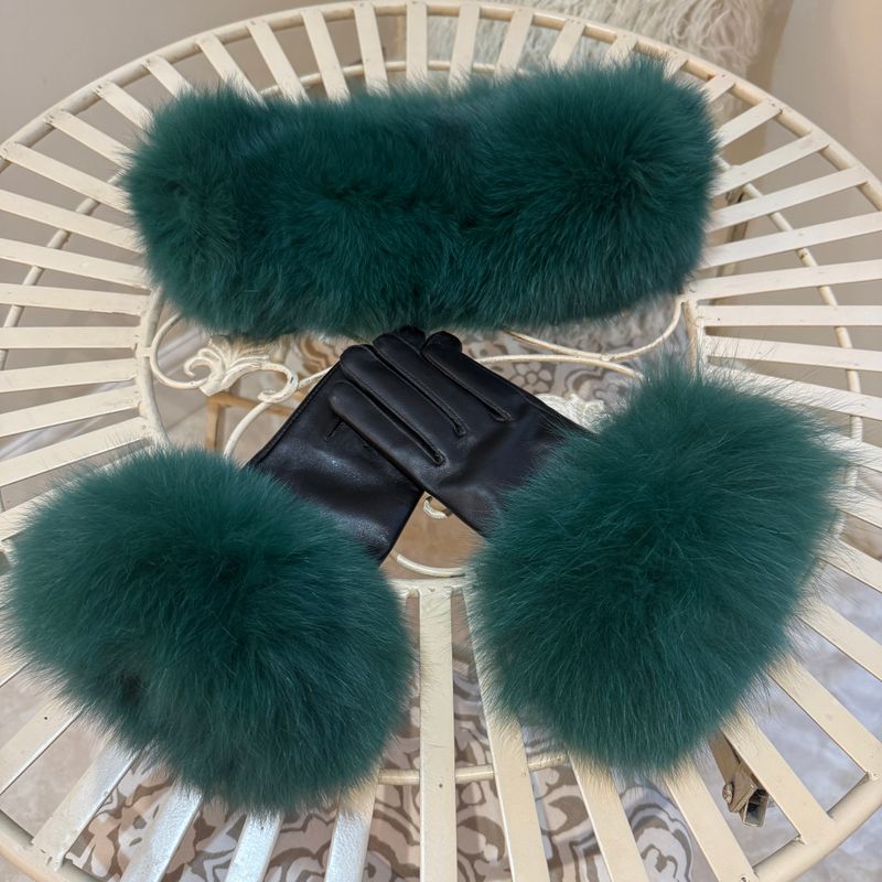 Fox Fur Headband &amp; Leather Glove ( emerald)