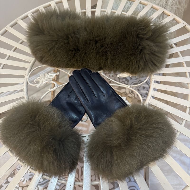 Fox Fur Headband &amp; Leather Glove Set ( khaki)