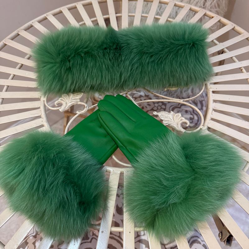 Fox Fur Headband &amp; Leather Gloves ( green)
