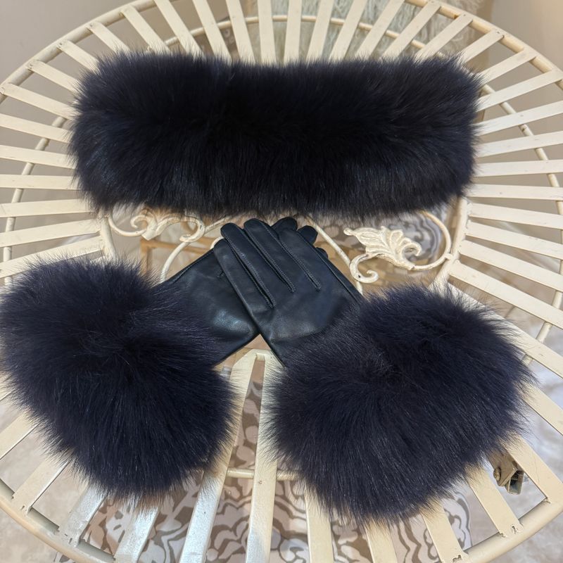Fox Fur Headbands &amp; Leather Glove Set ( navy )