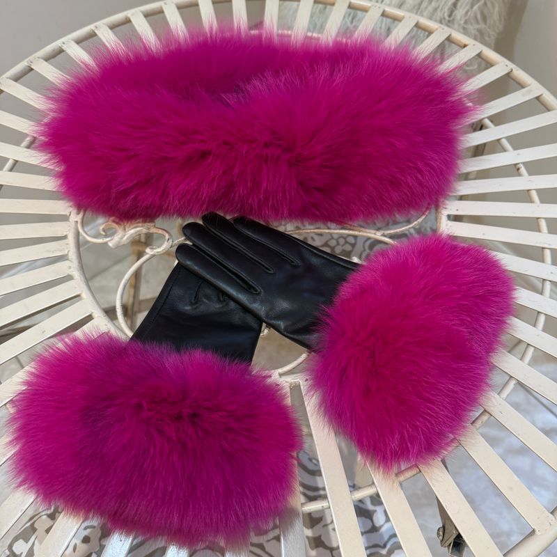 Fox Fur Headband &amp; Leather Gloves Set ( hot pink)