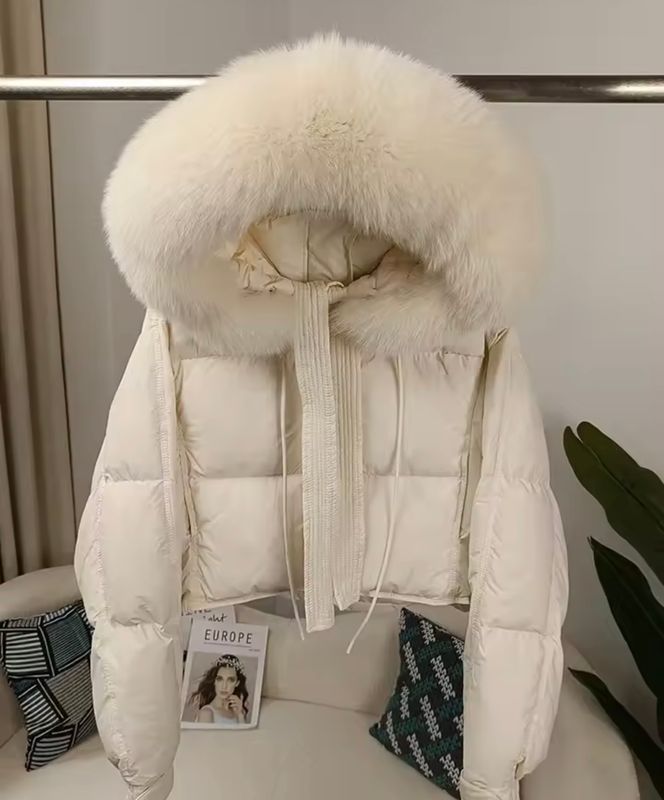 Winter White Duck Down &amp; Fox Fur Hooded Puffer Jacket