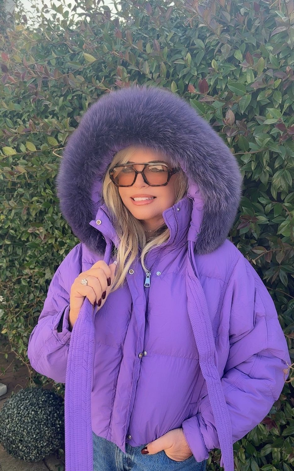 Purple Duck Down &amp; Fox Fur Hooded Puffer Jacket