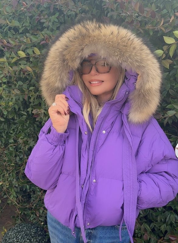 Purple Duck Down With Racoon Hood Puffer