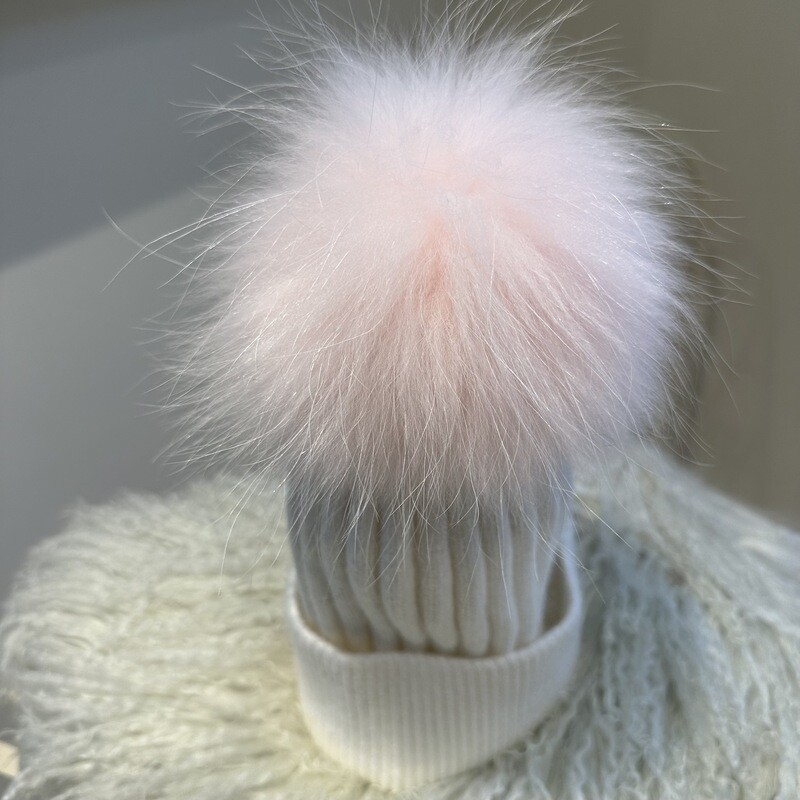 Extra Large  Fur Pom Pom Hat (winter white/pink)