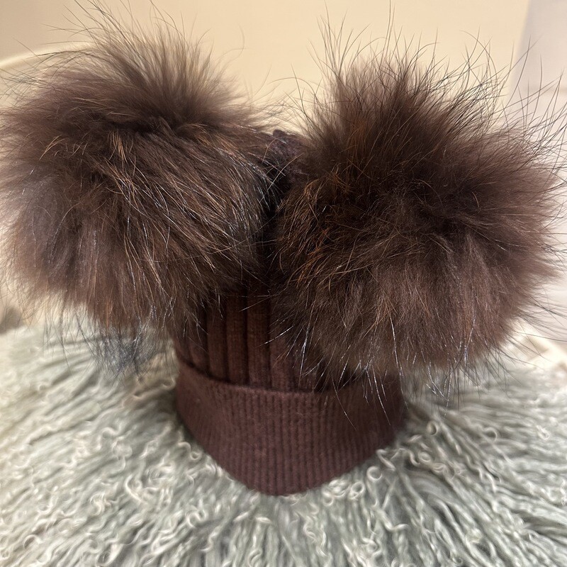 Extra Large Fox Fur Double Pom Pom Hat (chocolate)