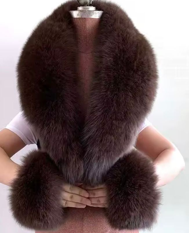 Long Fox Fur Collar &amp; Cuff Set ( dark brown)