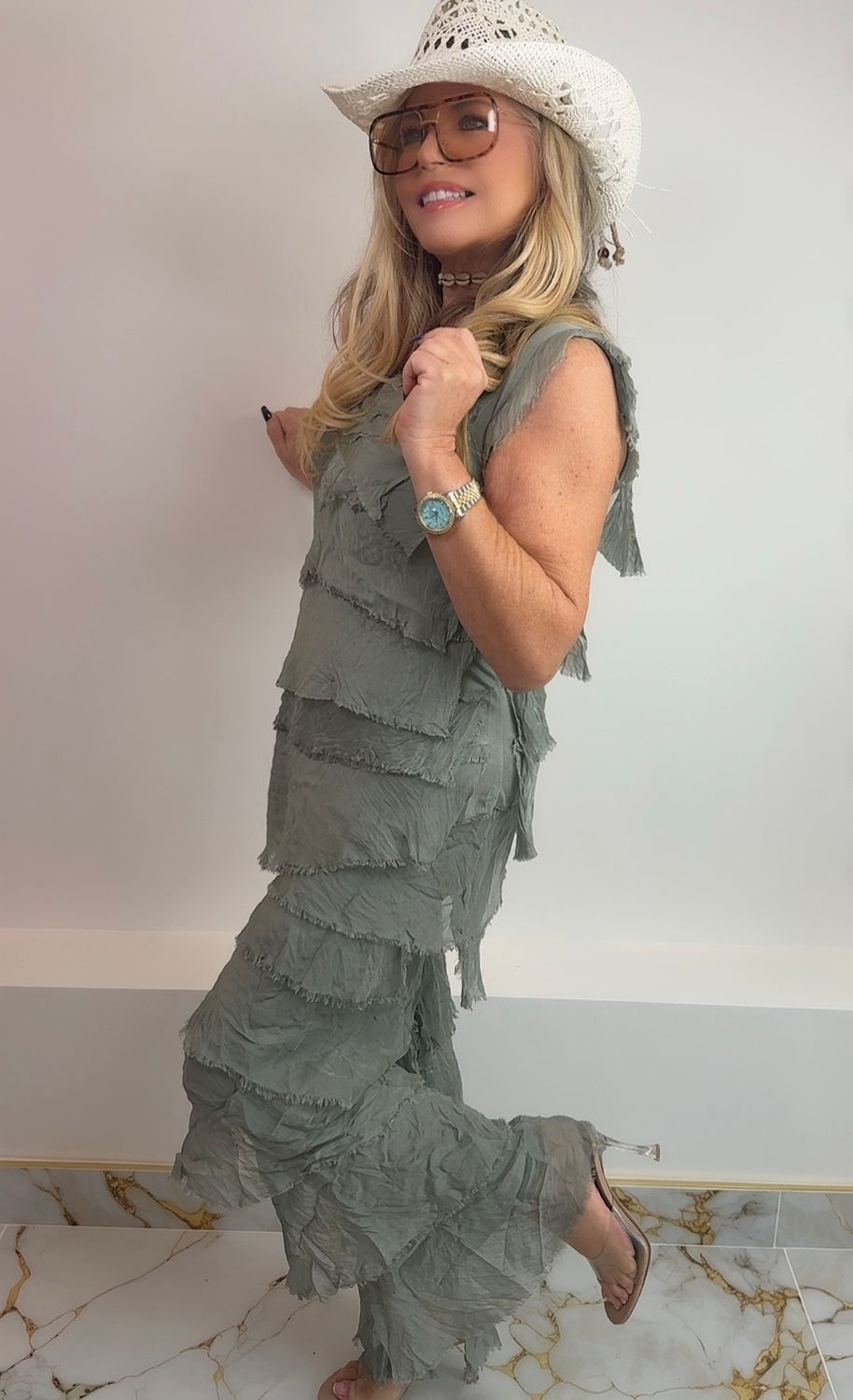 Silk Layered Trouser Set (sage)