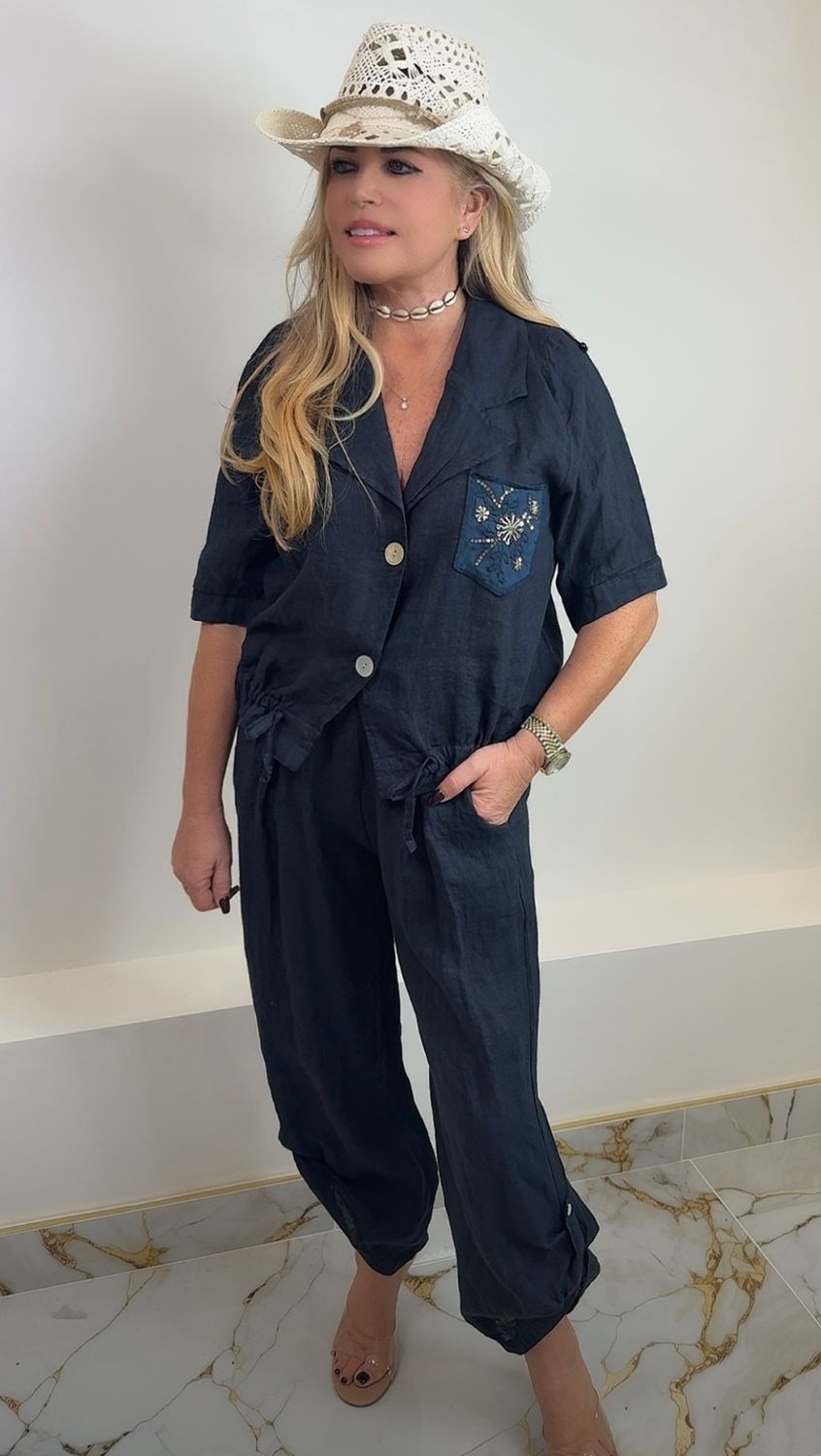 Sequin Pocket Linen Set (navy)