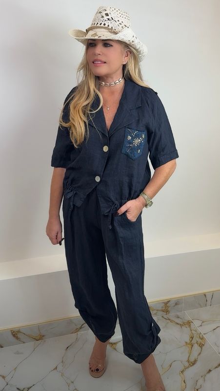 Sequin Pocket Linen Set (navy)