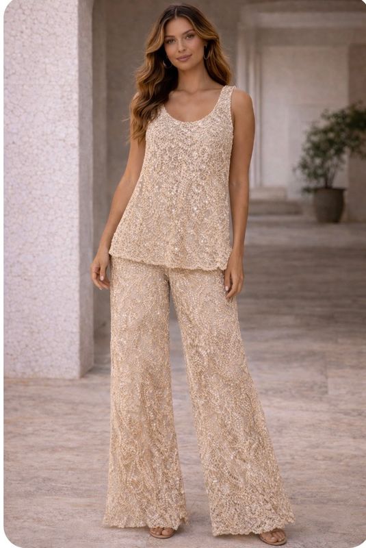 Beige Sequin Crochet Trouser Set