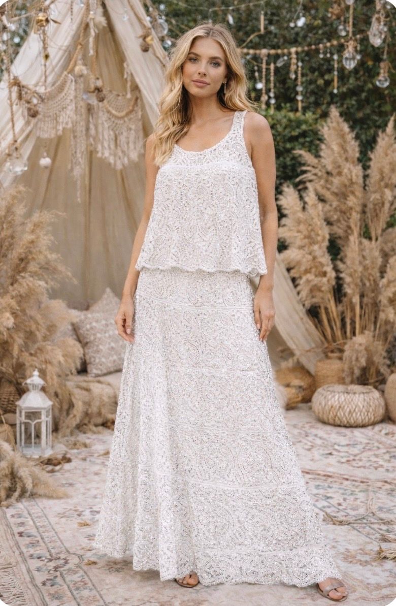 Sequin Crochet Skirt Set ( white)