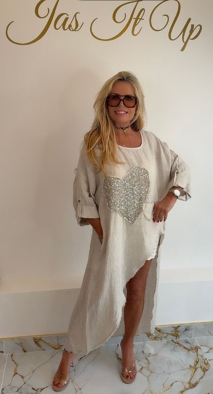 Beige Linen Sequin Heart Dress / Top