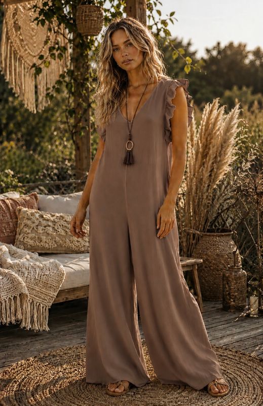 Mocha Jumpsuit With Necklace