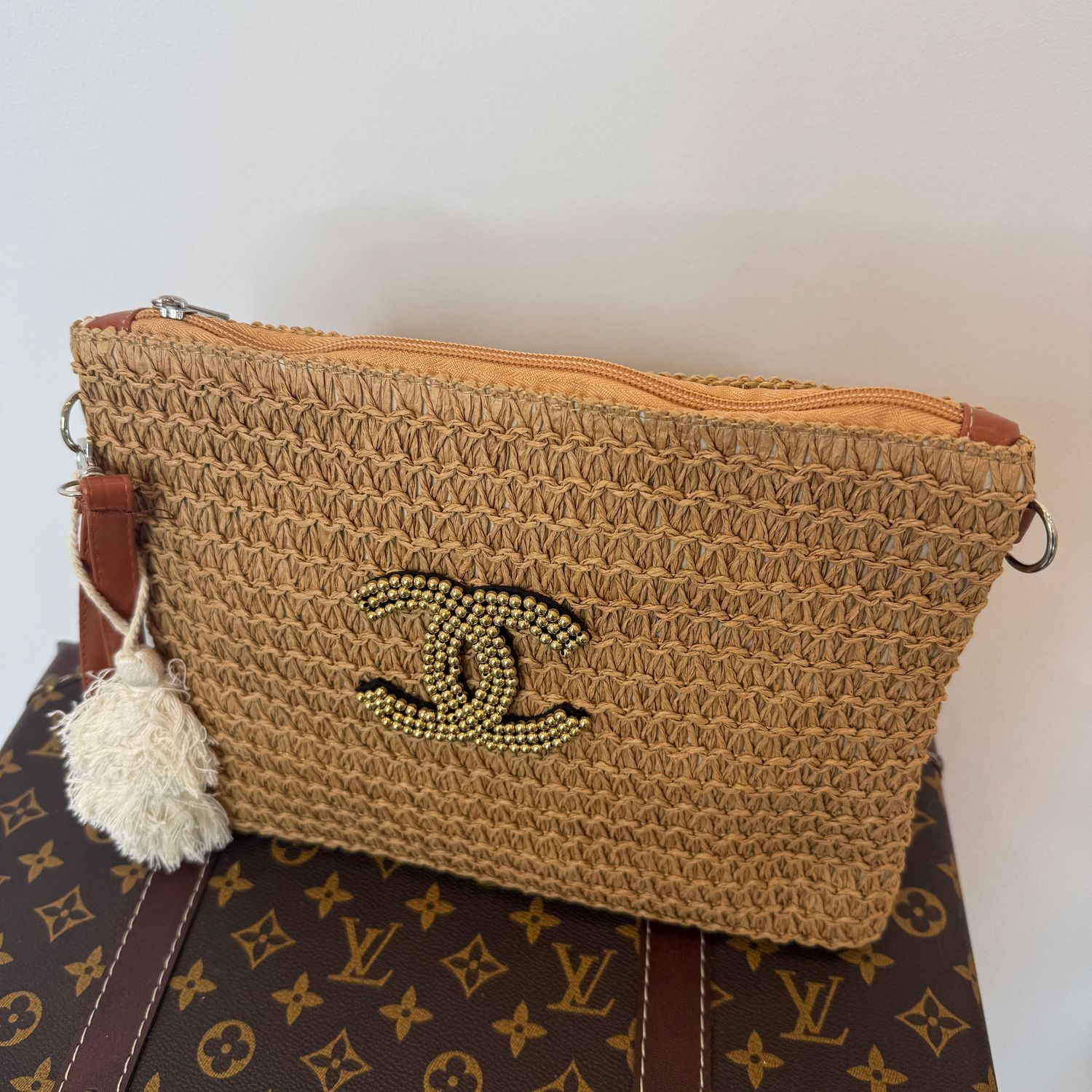 C Clutch With Pom Pom ( tan)