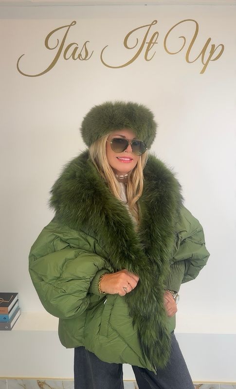 Racoon Fur Hood &amp; Long Collar Puffer ( green )