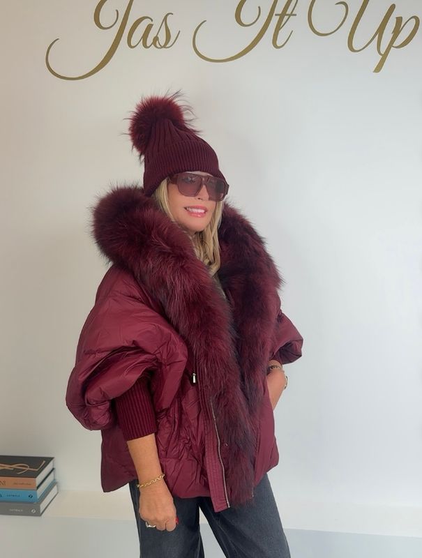 Raccoon Fur Hooded &amp; Long Collar Puffer ( burgundy)