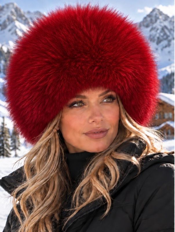 Leather &amp; Fox Hat (red )