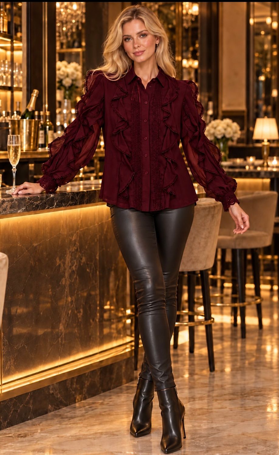 Frill Blouse ( burgundy )
