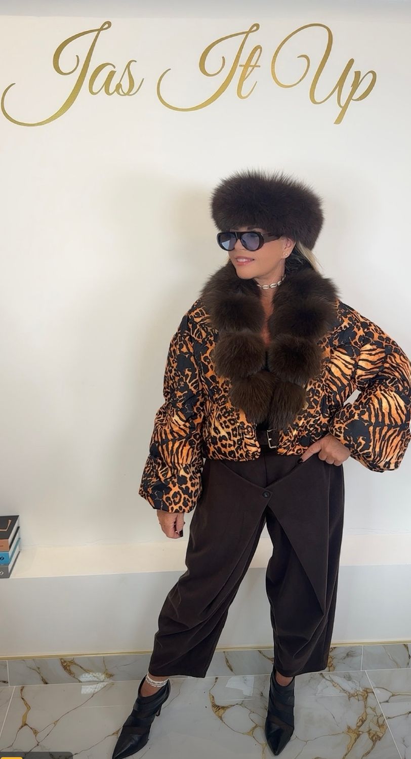 Animal Print Puffer With Fox Fur
