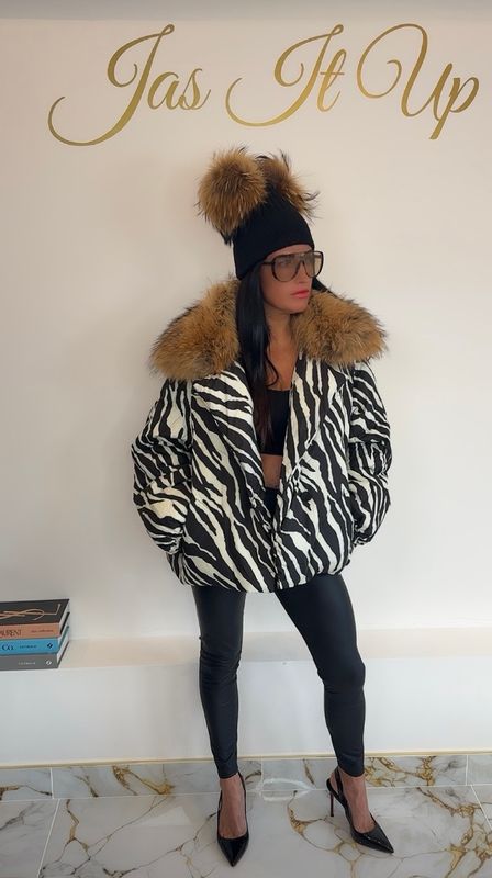 Zebra Print Puffer With Raccoon