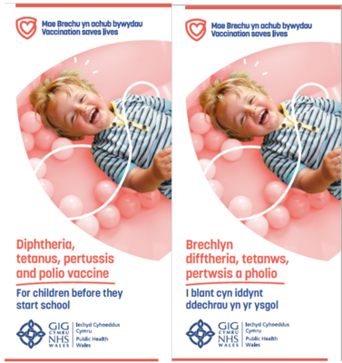 Brechlyn, difftheria, tetanws, pertwsis a pholio I blant cyn iddynt ddechrau yn yr ysgol/ Diphtheria, tetanus, pertussis and polio vaccine(4-in-1) for children before they start school. Taflen/Leaflet