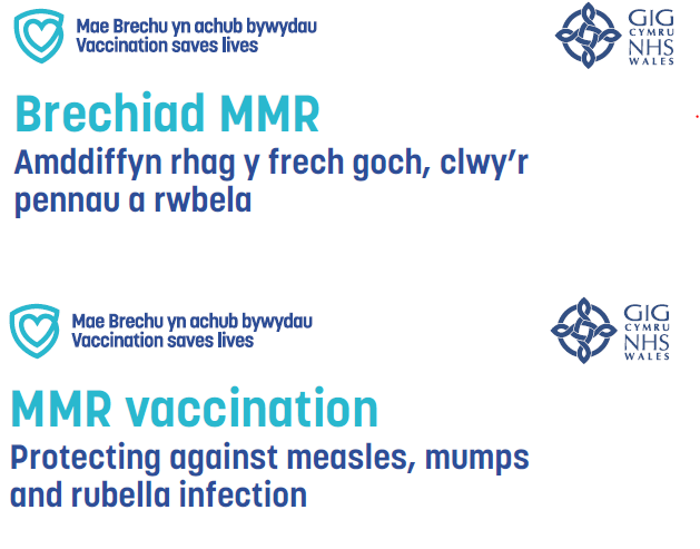 Print Mawr/Large Print -Brechiad MMR​  rhag y frech goch, clwy’r pennau a rwbela |MMR vaccination Protecting against measles, mumps and rubella infection ***Llawrlwytho yn unig/Download only***