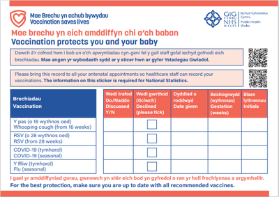 ( 4 sticer mamolaeth) Mae brechu yn eich amddiffyn chi a’ch baban | Vaccination protects you and your baby ( 4 maternity sticker)