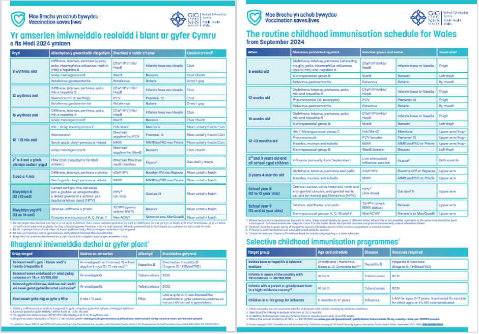 Trefn imiwneiddio arferol gyflawn ar gyfer Cymru 2024/Complete Routine Immunisation Schedule 2024